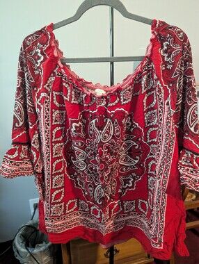 Boho Peasant Blouse - Red Paisley Scoop Neck